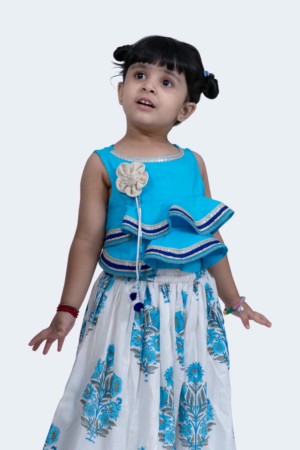 Twisha Girl's Rayon Lace detail frill Top & Mughal Printed Ghagra-Blue & White