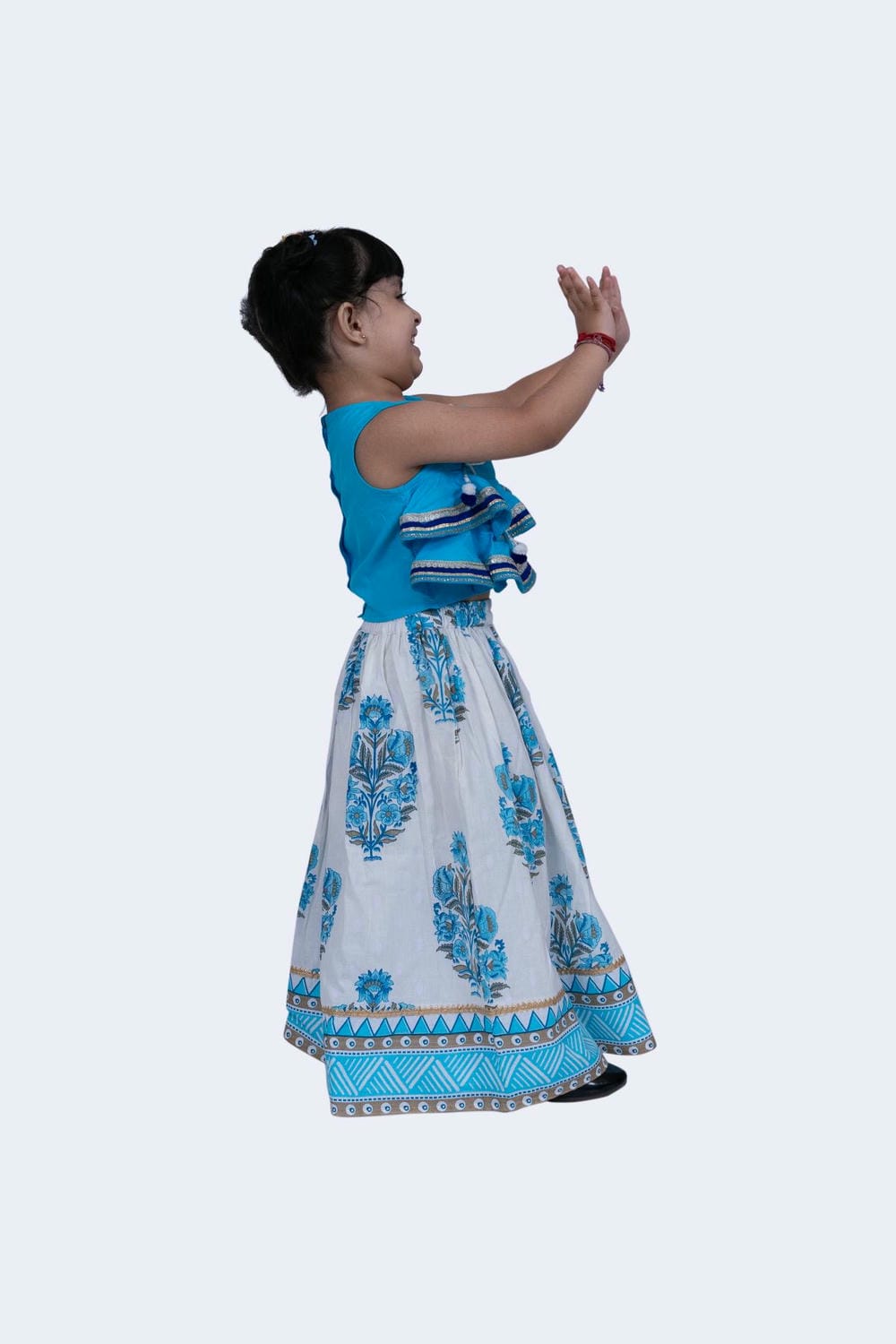 Twisha Girl's Rayon Lace detail frill Top & Mughal Printed Ghagra-Blue & White