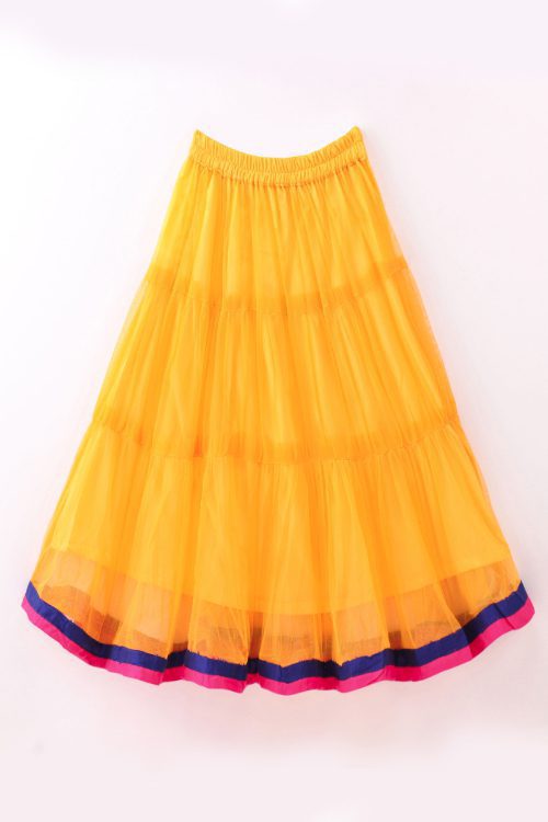 Twisha Girls Embroidered Kurta With Net Ghagra & Dupatta - Pink & Yellow