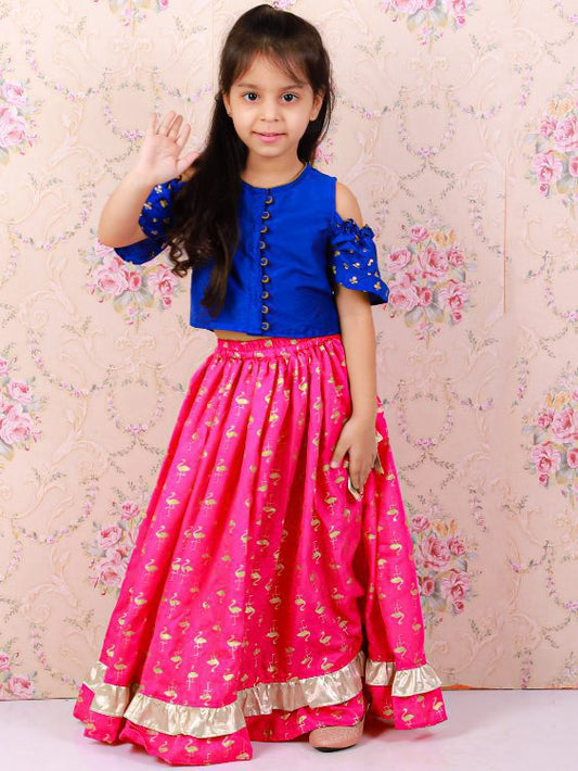 Twisha Polyester Girls Top With Ghagra- Blue & Pink