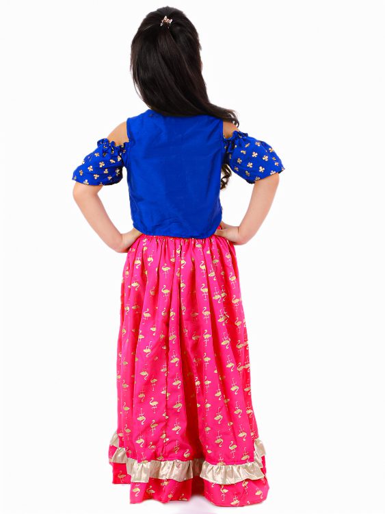 Twisha Polyester Girls Top With Ghagra- Blue & Pink