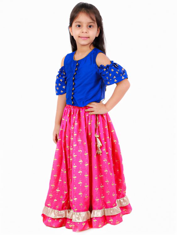 Twisha Polyester Girls Top With Ghagra- Blue & Pink