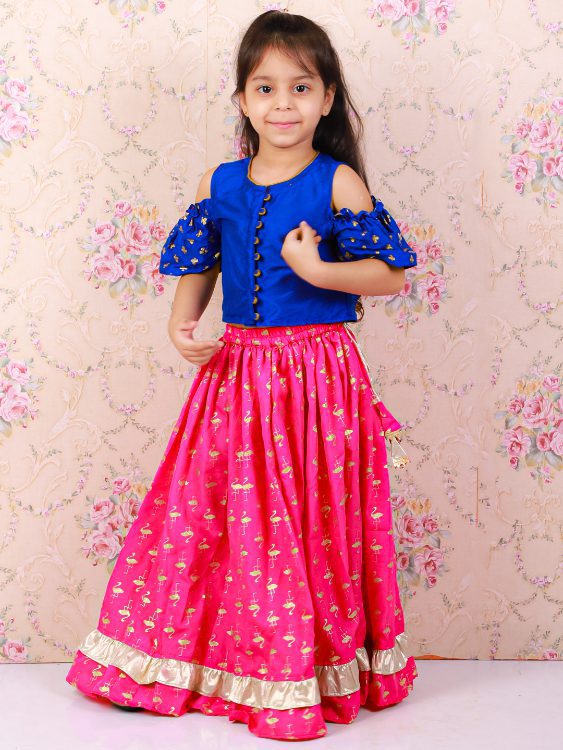 Twisha Polyester Girls Top With Ghagra- Blue & Pink