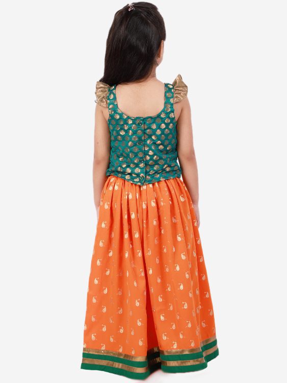 Twisha Girls Frill details Brocade Top with Whale printed skirt - Green & Orange