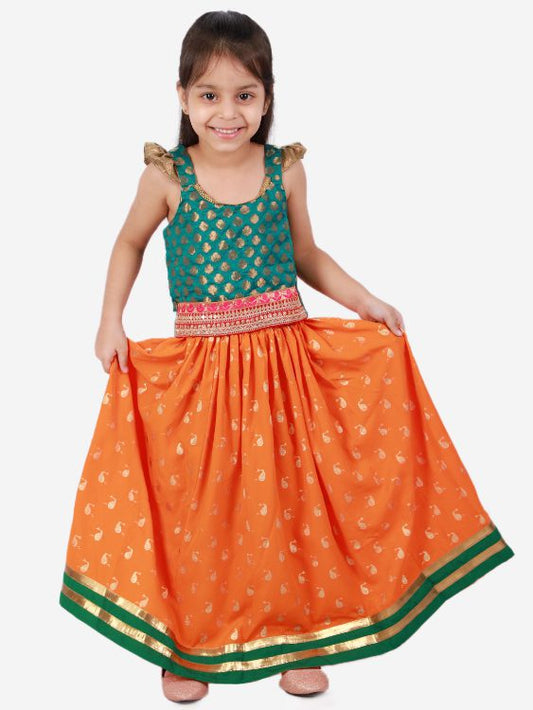 Twisha Girls Frill details Brocade Top with Whale printed skirt - Green & Orange