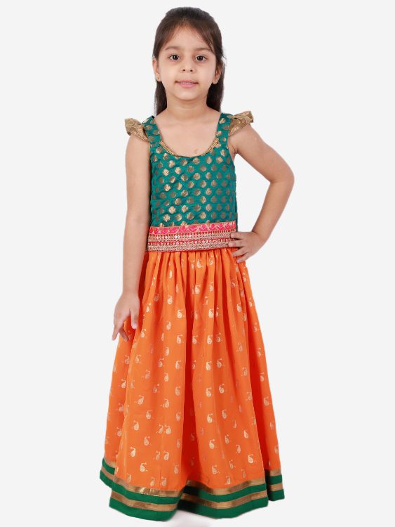 Twisha Girls Frill details Brocade Top with Whale printed skirt - Green & Orange