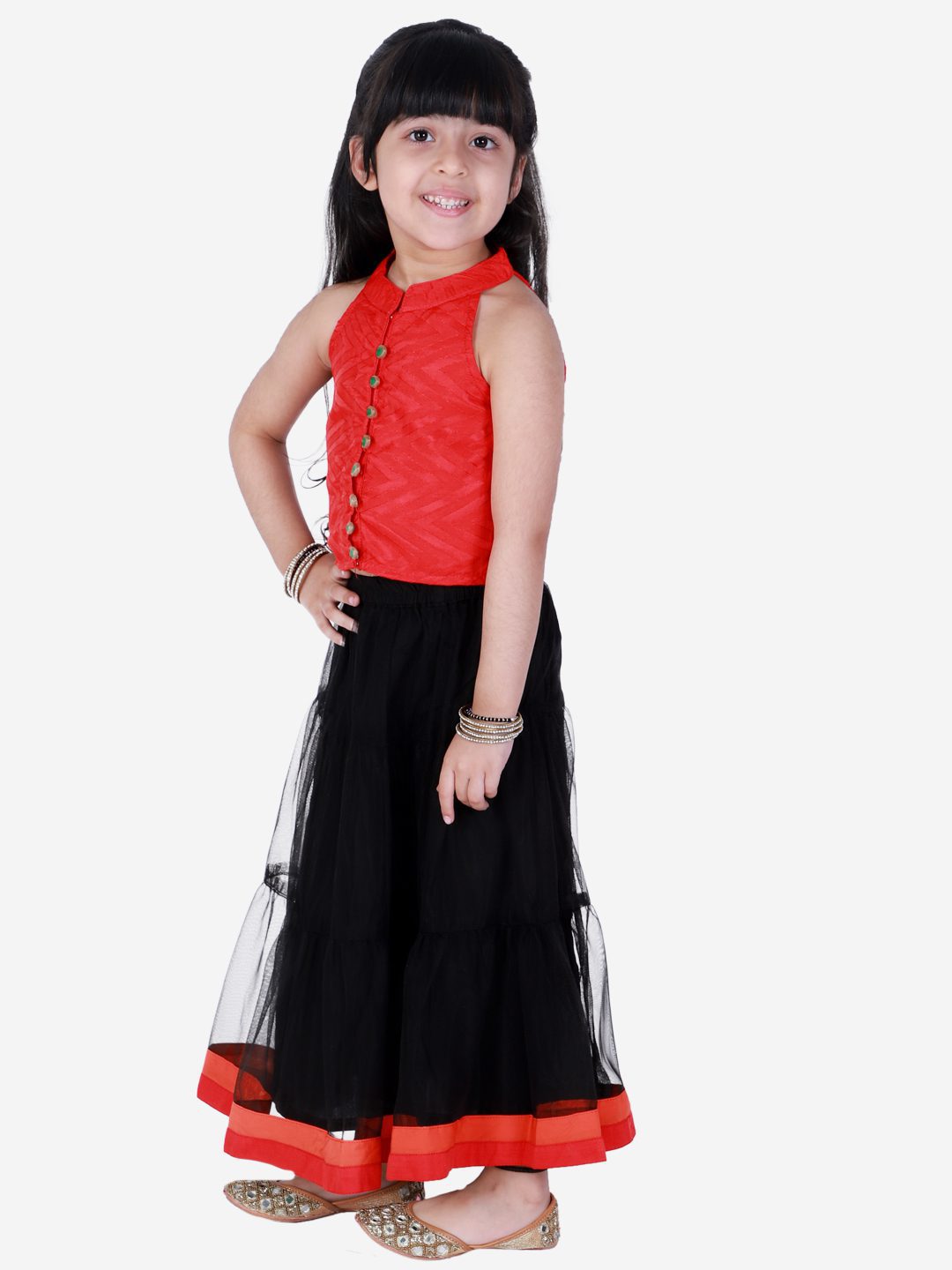 Twisha Girls Incut Style Top & Net Ghagra - Red & Black