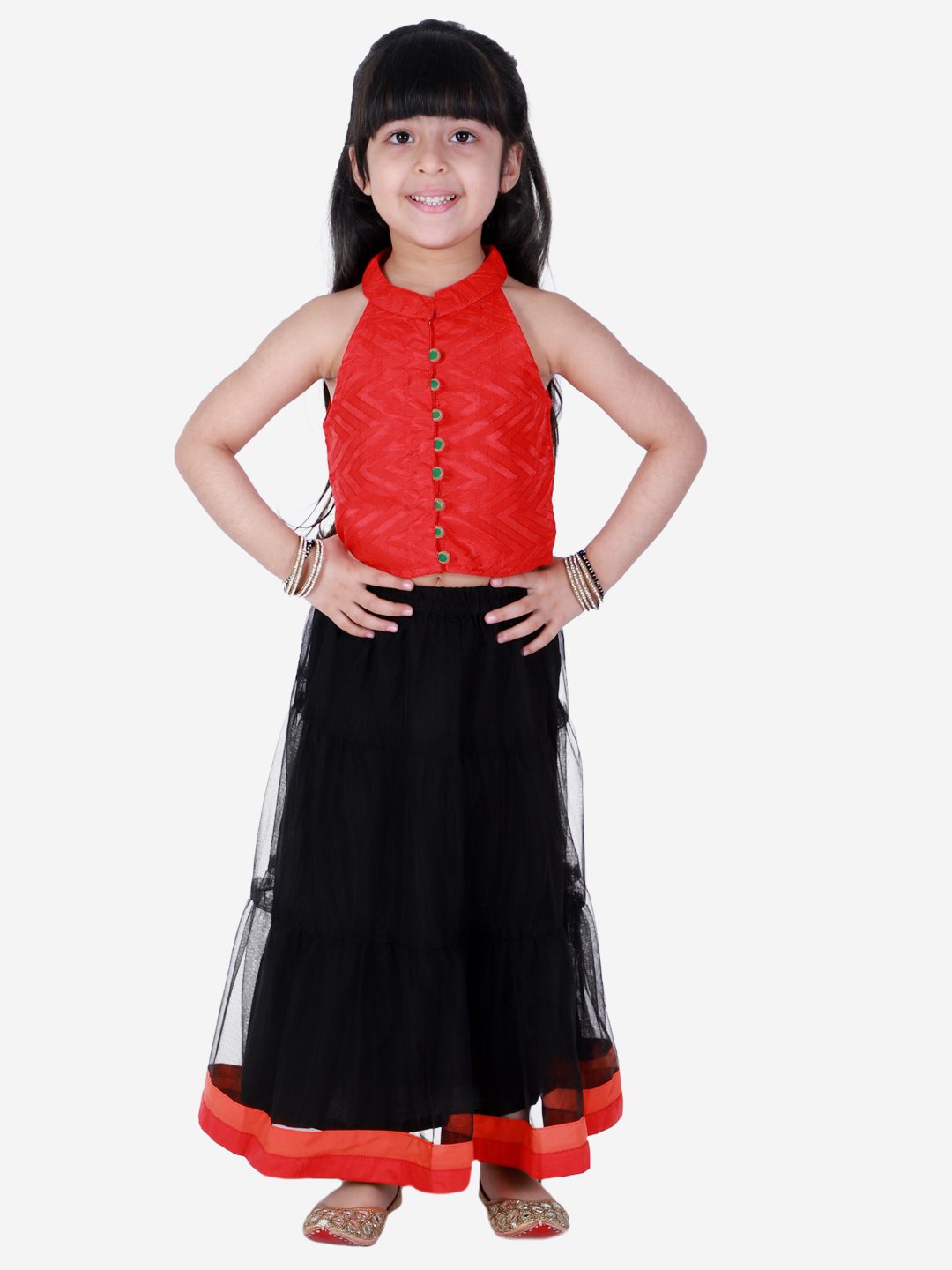 Twisha Girls Incut Style Top & Net Ghagra - Red & Black