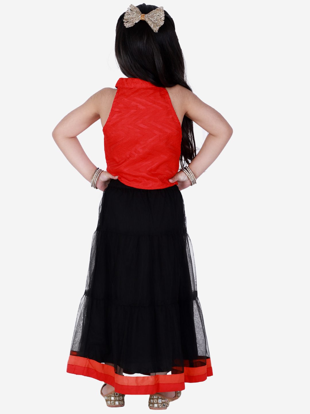 Twisha Girls Incut Style Top & Net Ghagra - Red & Black