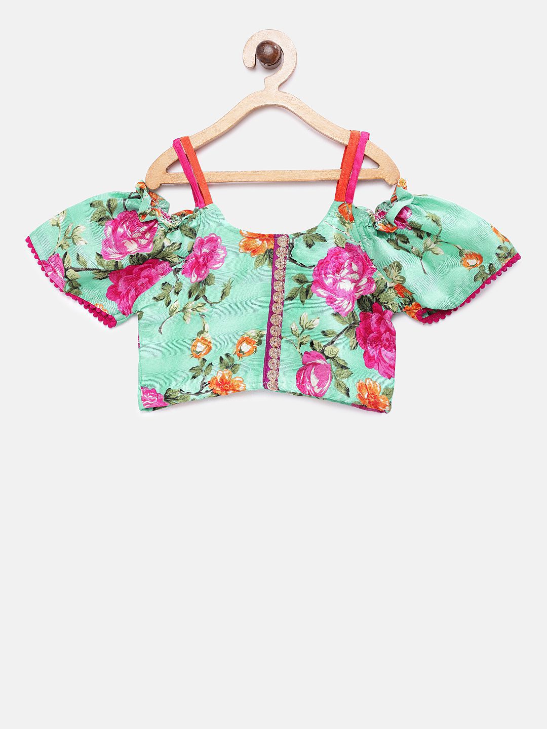 Twisha Girls Printed Top & Net Ghagra - Sea Green & Pink
