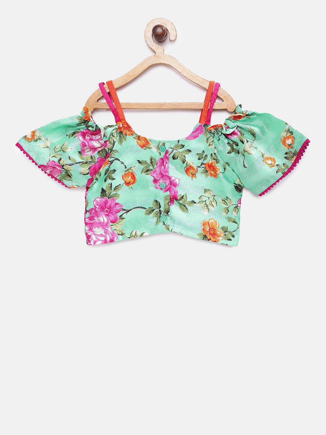 Twisha Girls Printed Top & Net Ghagra - Sea Green & Pink