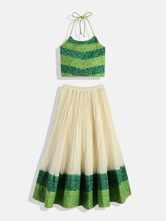 Twisha Girls Printed Top With Ghagra - Green & Off White