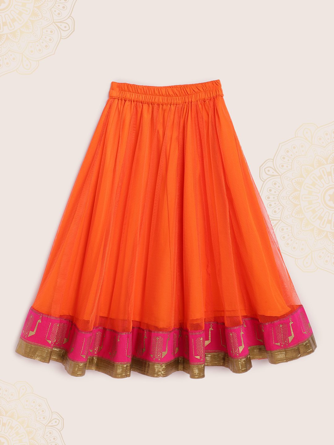 Twisha Girls Top With Embroidered Mock Jacket & Ghagra - Green & Orange