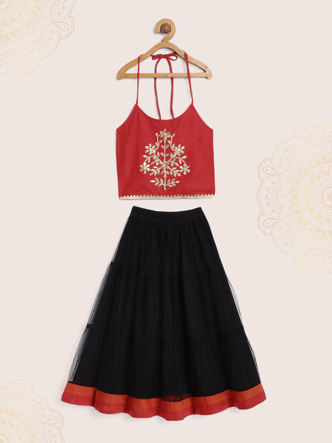 Twisha Girls Embroidered Choli With Ghagra- Red & Black