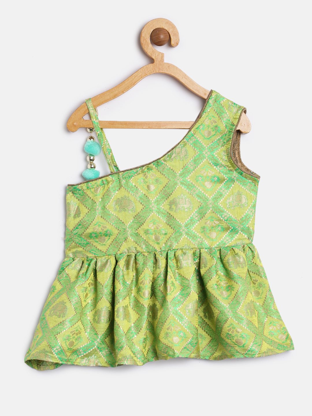 Twisha Girls Sleeveless Jacquard Design Choli With Net Ghagra - Green