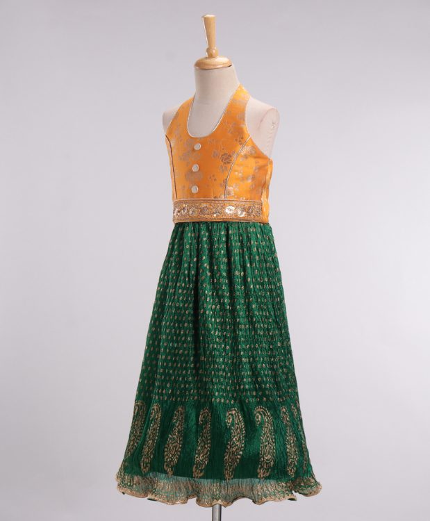 Twisha Brocade Top with Crushed Ghagra - Yellow & Green
