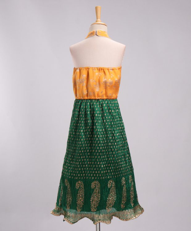 Twisha Brocade Top with Crushed Ghagra - Yellow & Green