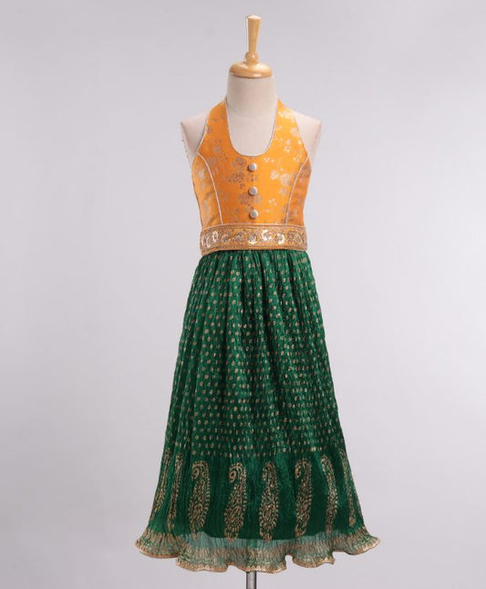 Twisha Brocade Top with Crushed Ghagra - Yellow & Green