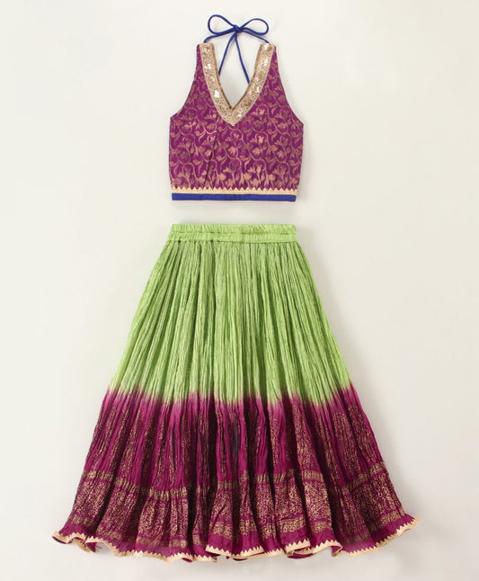 Twisha Halter Top with Ghagra- Purple & Green