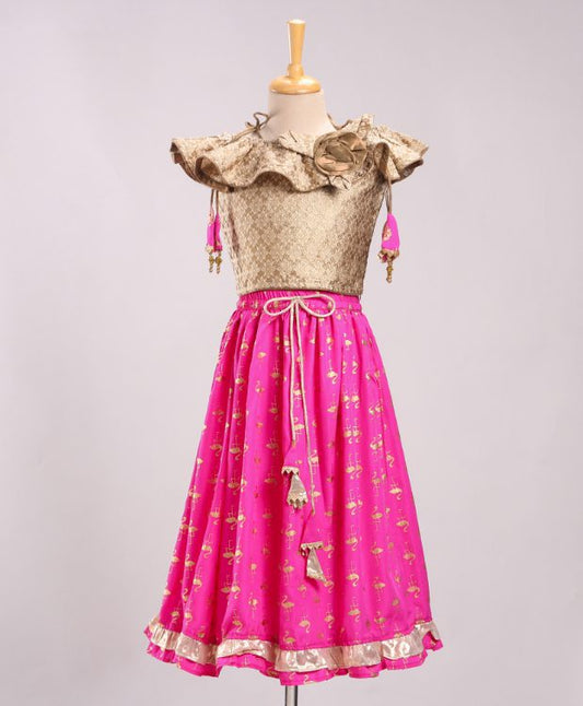 Twisha Brocade Top with Flamingo Print Ghagra - Beige & Pink