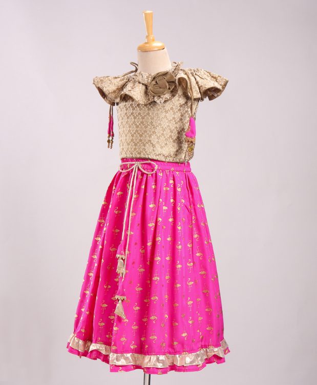 Twisha Brocade Top with Flamingo Print Ghagra - Beige & Pink