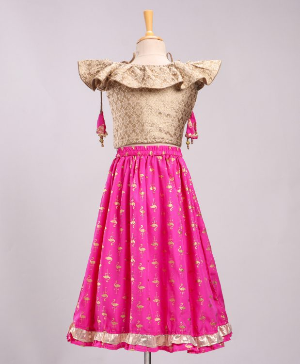 Twisha Brocade Top with Flamingo Print Ghagra - Beige & Pink