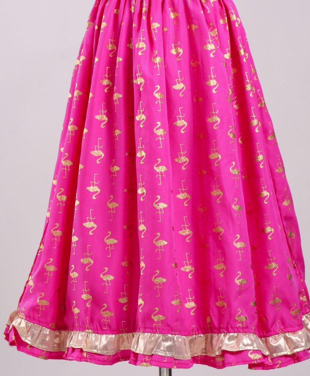Twisha Brocade Top with Flamingo Print Ghagra - Beige & Pink