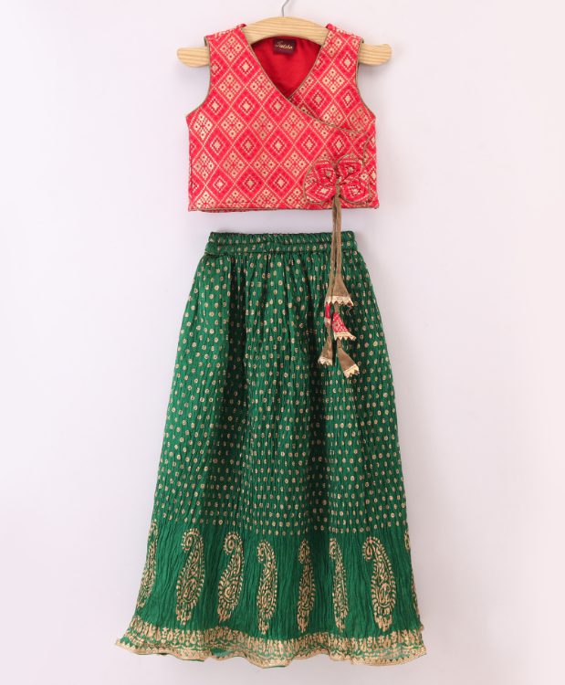 Twisha Brocade Top with Crushed Ghagra - Red & Green