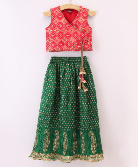 Twisha Brocade Top with Crushed Ghagra - Red & Green