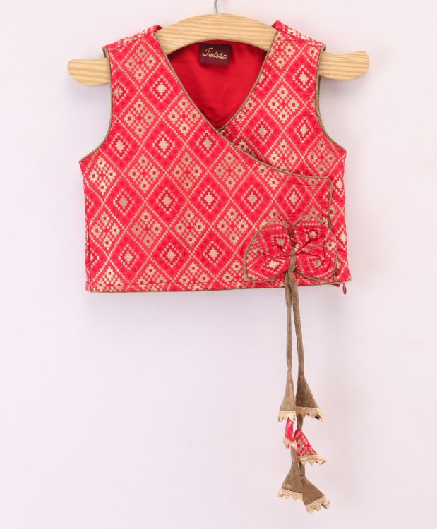 Twisha Brocade Top with Crushed Ghagra - Red & Green