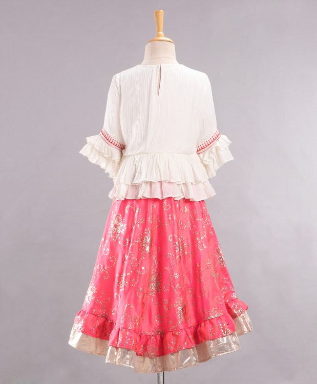 Twisha Full Sleeves Top with Ghagra- White & Coral