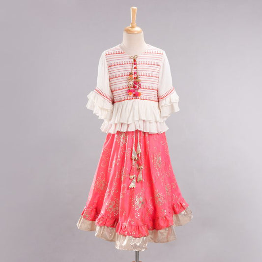 Twisha Full Sleeves Top with Ghagra- White & Coral