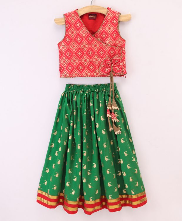 Twisha Brocade Top with Dolphin Ghagra - Red & Green