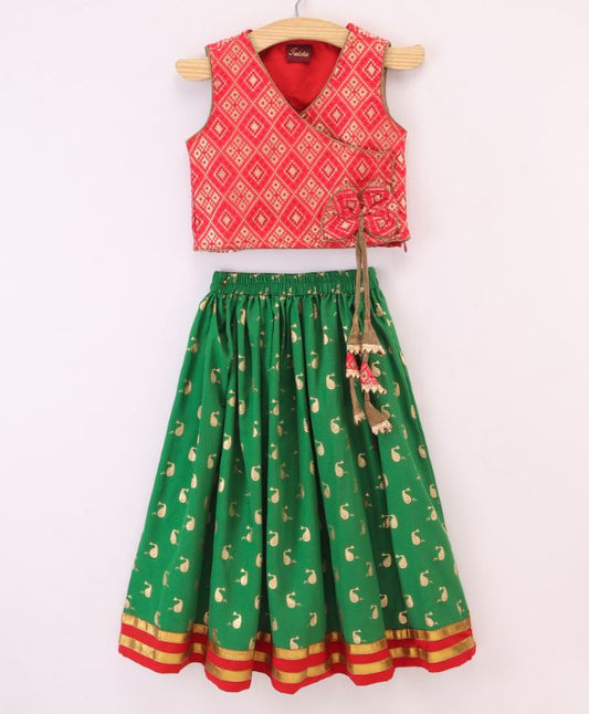 Twisha Brocade Top with Dolphin Ghagra - Red & Green