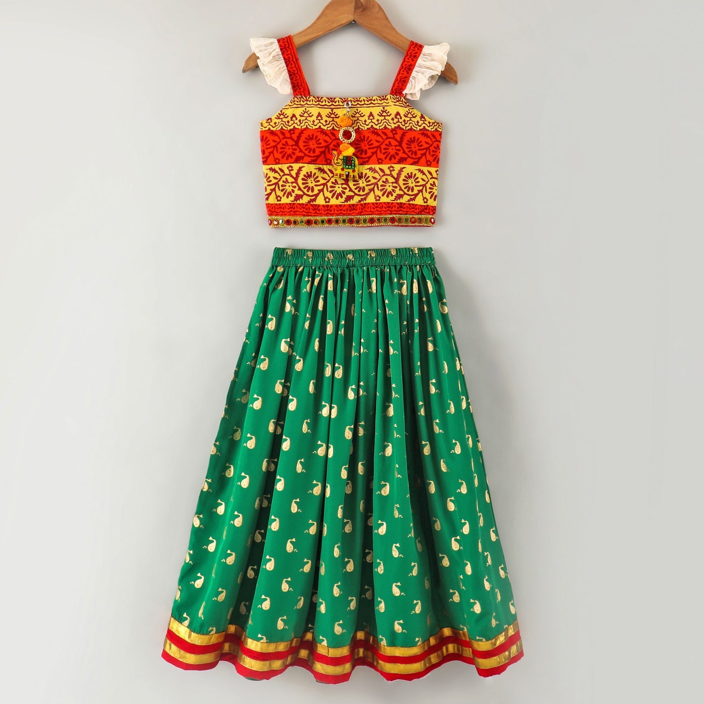 Twisha Girls Top With Ghagra- Orange & Green
