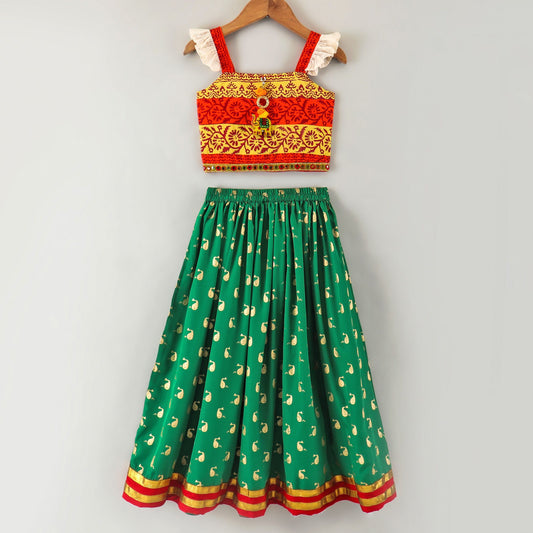 Twisha Girls Top With Ghagra- Orange & Green