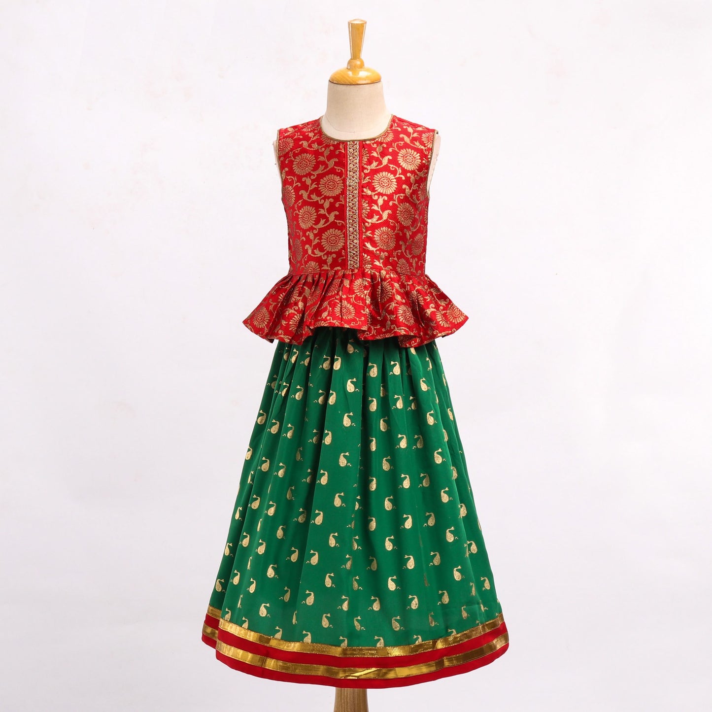 Twisha Brocade Girls Top with Ghagra - Red & Green