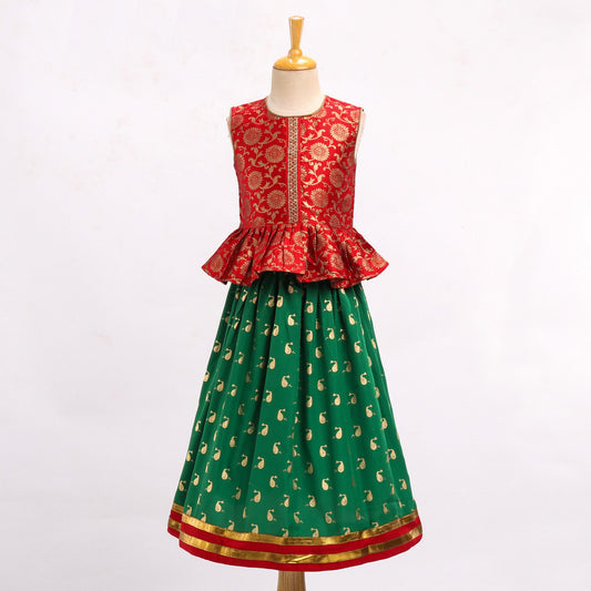 Twisha Brocade Girls Top with Ghagra - Red & Green