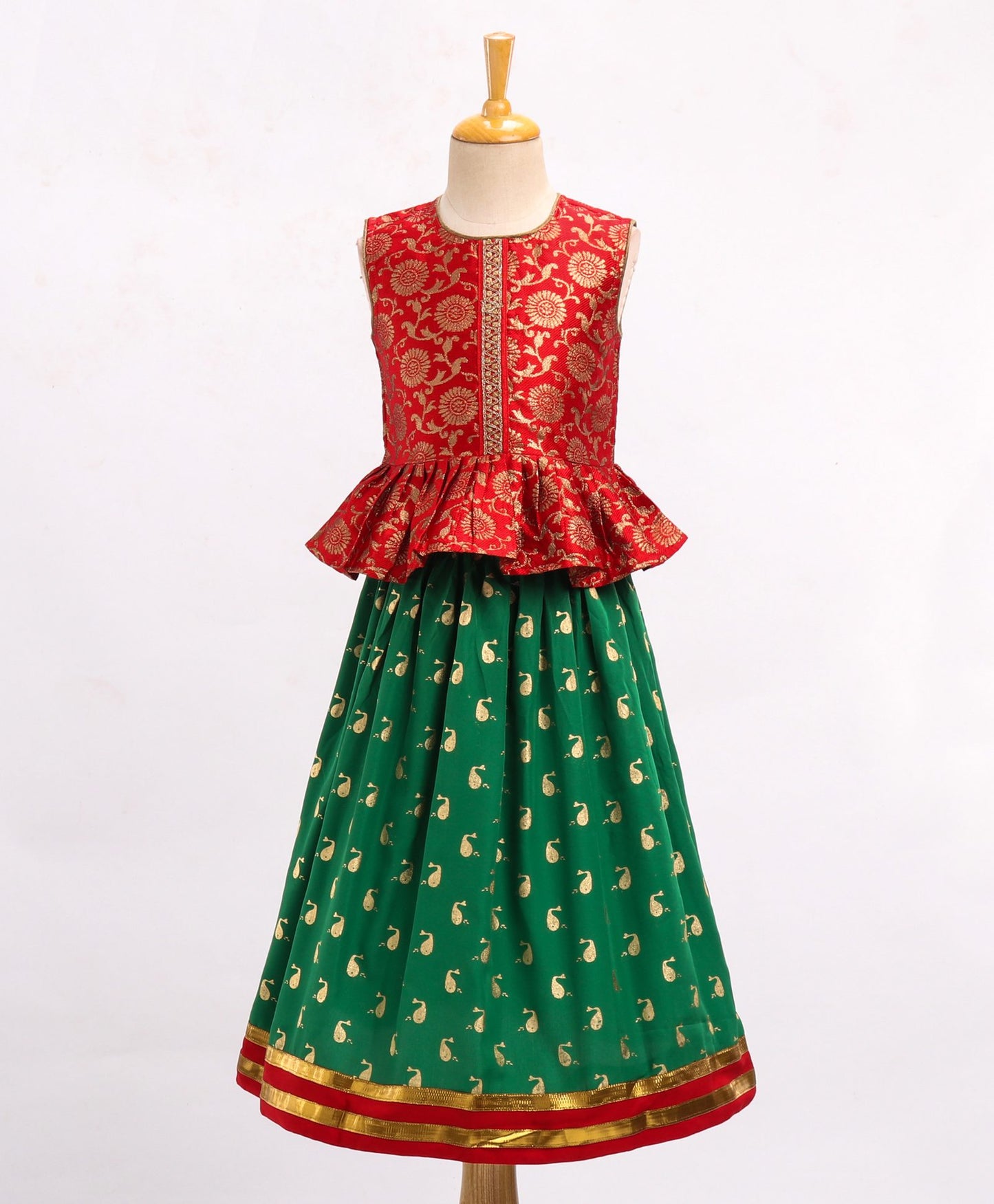 Twisha Brocade Girls Top with Ghagra - Red & Green