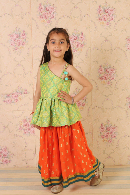 Twisha Girls Brocade One Shoulder Top With Printed Ghagra - Green & Orange