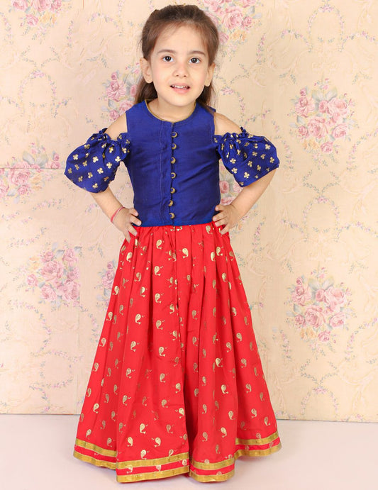 Twisha Girls Cold Shoulder Printed Top With Printed Ghagra - Blue & Red