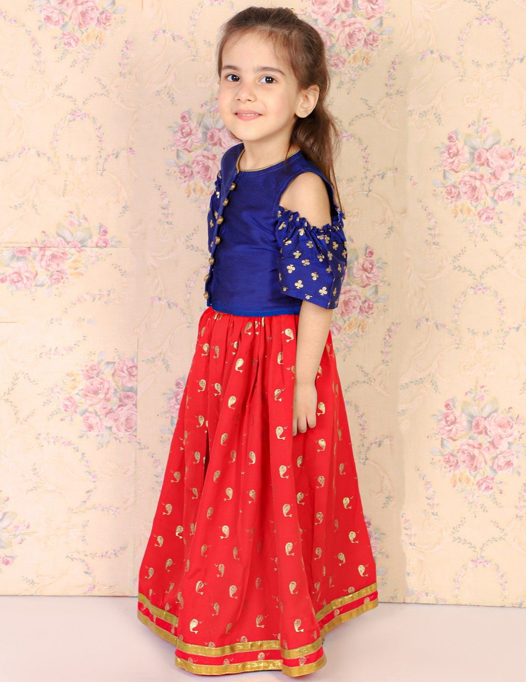 Twisha Girls Cold Shoulder Printed Top With Printed Ghagra - Blue & Red