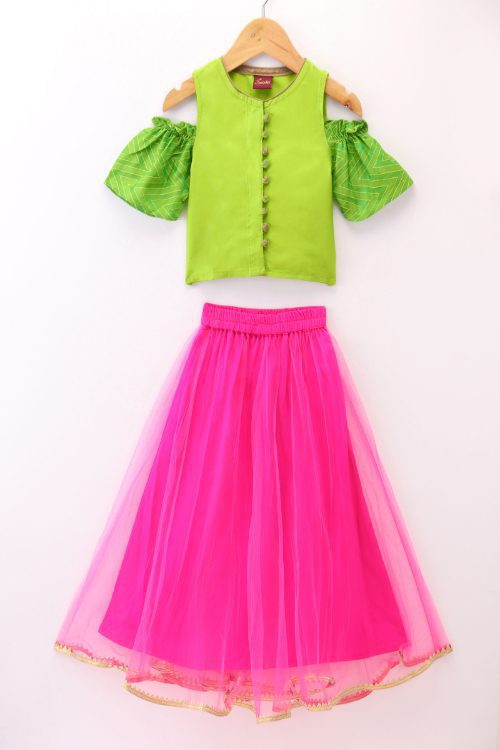 Twisha Girls Cold Shoulder Top & Net Ghagra - Green & Pink