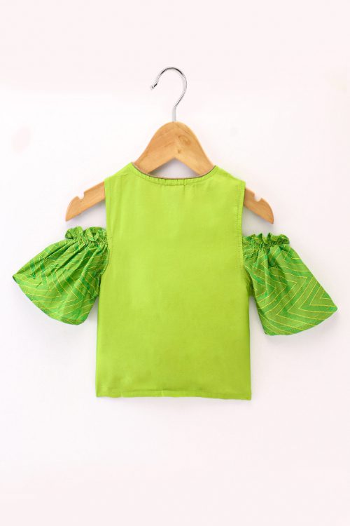 Twisha Girls Cold Shoulder Top & Net Ghagra - Green & Pink