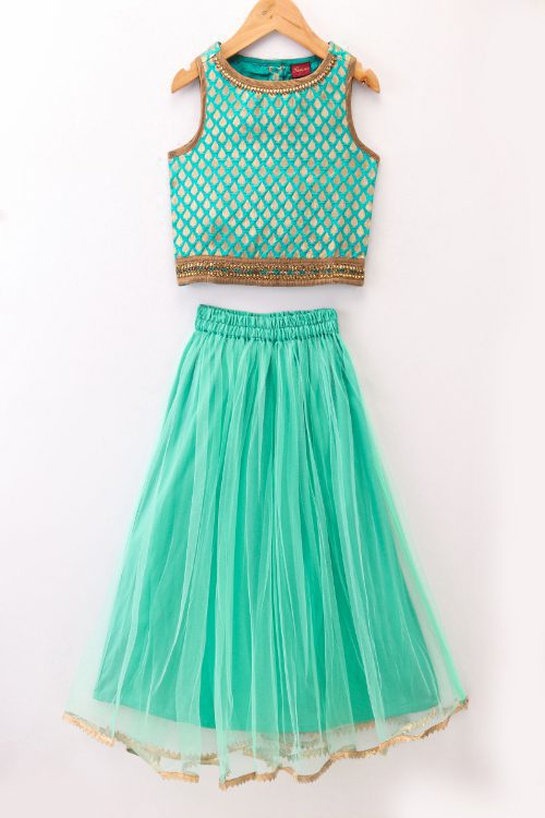 Twisha Girls brocade sleeveless Top & Net Ghagra - Sea Green