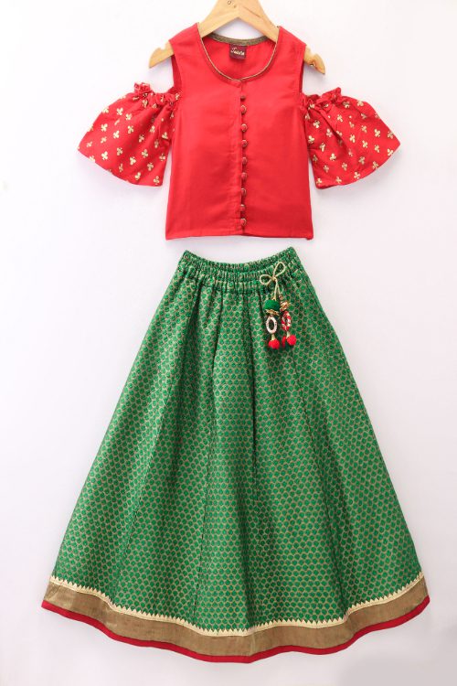 Twisha Girls Cold Shoulder Printed Top & Brocade Ghagra - Red & Green