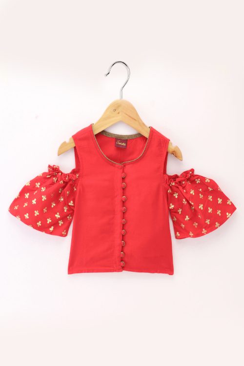 Twisha Girls Cold Shoulder Printed Top & Brocade Ghagra - Red & Green