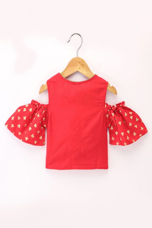 Twisha Girls Cold Shoulder Printed Top & Brocade Ghagra - Red & Green