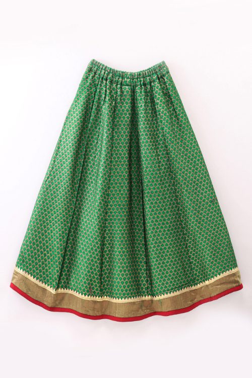 Twisha Girls Cold Shoulder Printed Top & Brocade Ghagra - Red & Green