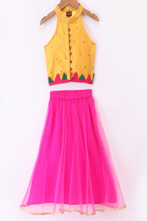 Twisha Girls Incut Style Top & Net Ghagra - Yellow & Pink